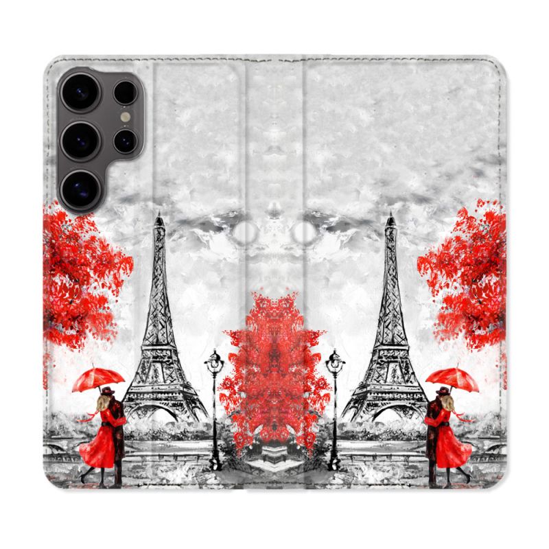 Housse Cuir Portefeuille Pour Samsung Galaxy S25 ULTRA Voyage France Paris Rouge