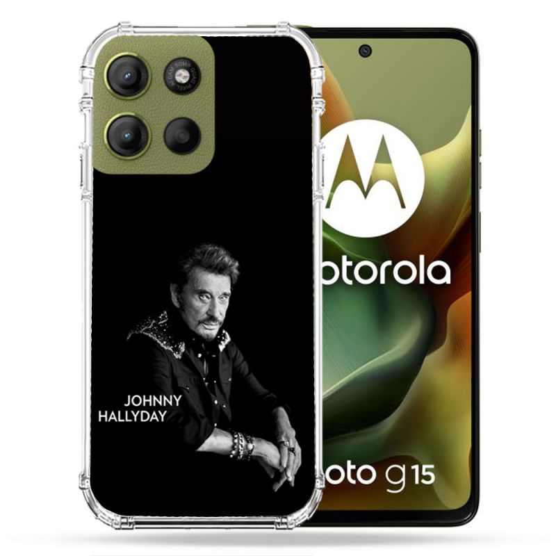Coque Renforcée Pour Motorola G15 Musique Johnny Hallyday Noir