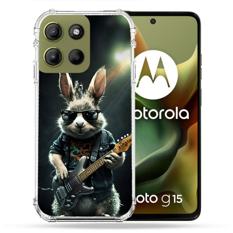 Coque Renforcée Pour Motorola G15 Musique Rock Lapin
