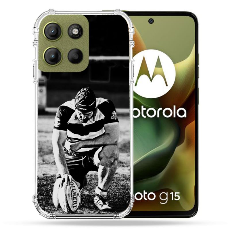 Coque Renforcée Pour Motorola G15 Sport Rugby Noir Blanc