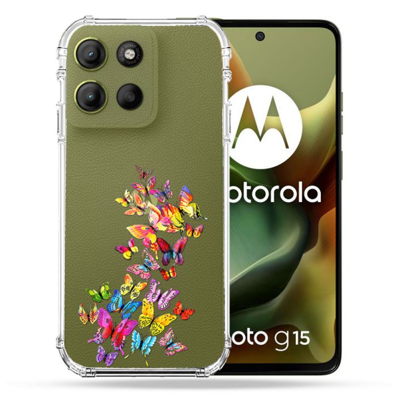 Coque Renforcée Transparente Pour Motorola G15 Papillon Multicolore