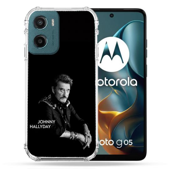 Coque Renforcée Pour Motorola G05 / E15 Musique Johnny Hallyday Noir
