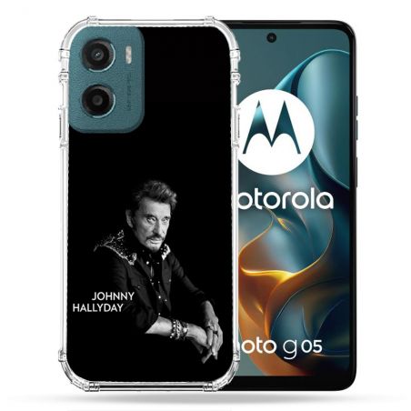 Coque Renforcée Pour Motorola G05 / E15 Musique Johnny Hallyday Noir