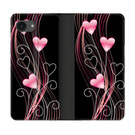 Housse Cuir Portefeuille Pour Iphone 16e Amour Coeur Rose Montant sur Noir
