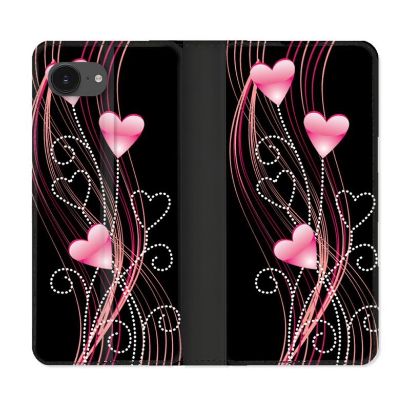 Housse Cuir Portefeuille Pour Iphone 16e Amour Coeur Rose Montant sur Noir
