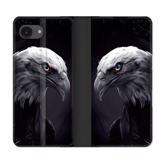 Housse Cuir Portefeuille Pour Iphone 16e Animal Aigle Royal Noir