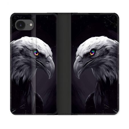 Housse Cuir Portefeuille Pour Iphone 16e Animal Aigle Royal Noir