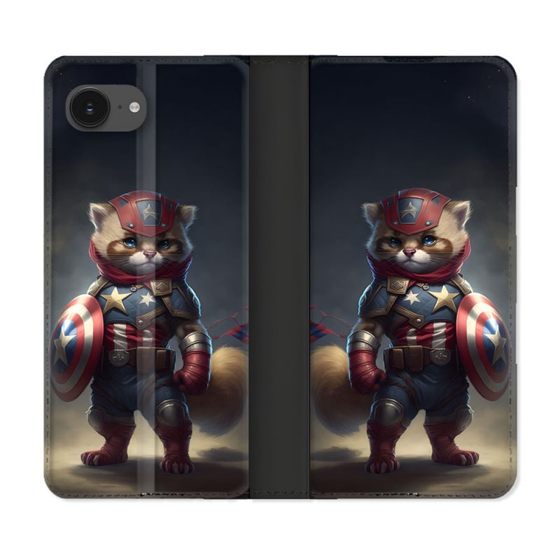 Housse Cuir Portefeuille Pour Iphone 16e Animal Chat America