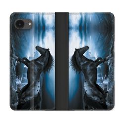 Housse Cuir Portefeuille Pour Iphone 16e Animal Cheval Noir