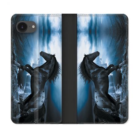 Housse Cuir Portefeuille Pour Iphone 16e Animal Cheval Noir