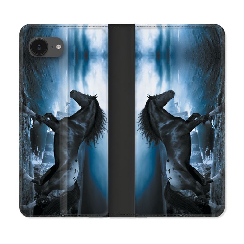 Housse Cuir Portefeuille Pour Iphone 16e Animal Cheval Noir