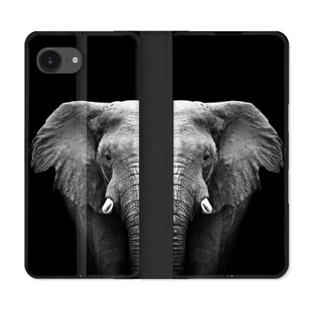 Housse Cuir Portefeuille Pour Iphone 16e Animal Elephant Noir