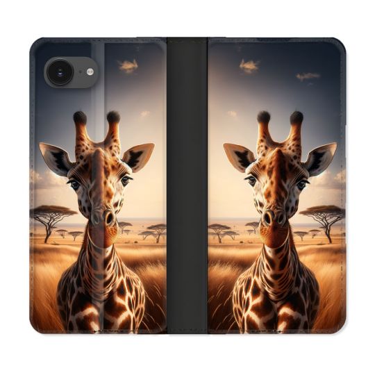 Housse Cuir Portefeuille Pour Iphone 16e Animal Girafe Savane