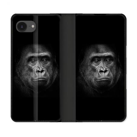 Housse Cuir Portefeuille Pour Iphone 16e Animal Gorille Noir