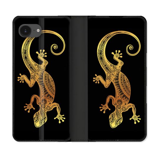 Housse Cuir Portefeuille Pour Iphone 16e Animal Lezard Noir
