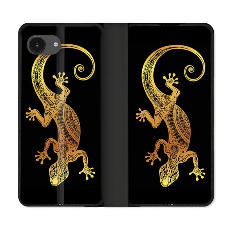 Housse Cuir Portefeuille Pour Iphone 16e Animal Lezard Noir