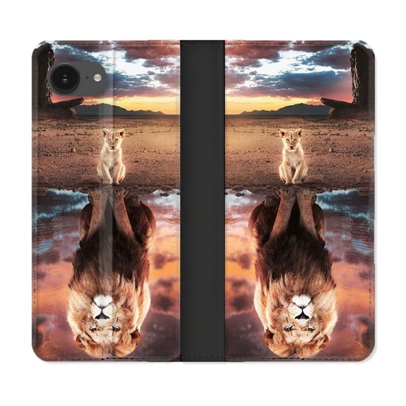 Housse Cuir Portefeuille Pour Iphone 16e Animal Lion Reflet