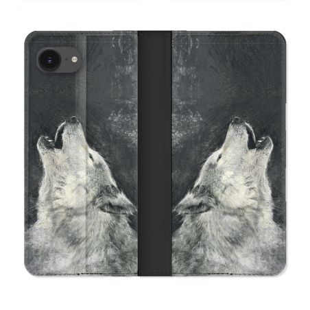 Housse Cuir Portefeuille Pour Iphone 16e Animal Loup Hurlement
