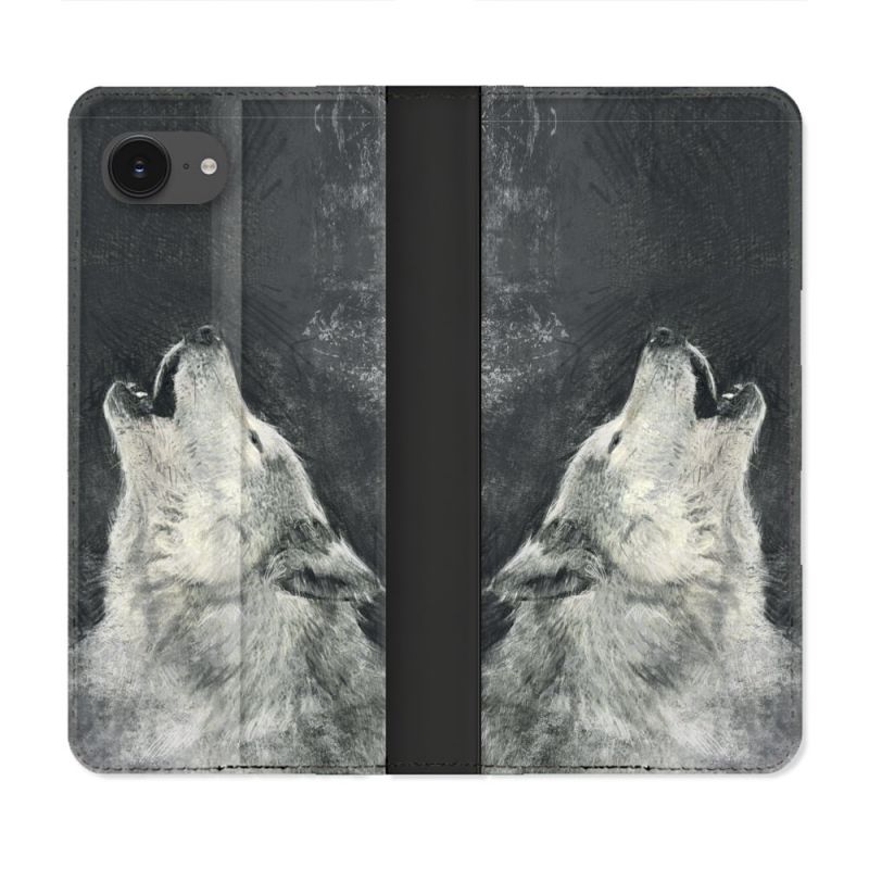 Housse Cuir Portefeuille Pour Iphone 16e Animal Loup Hurlement