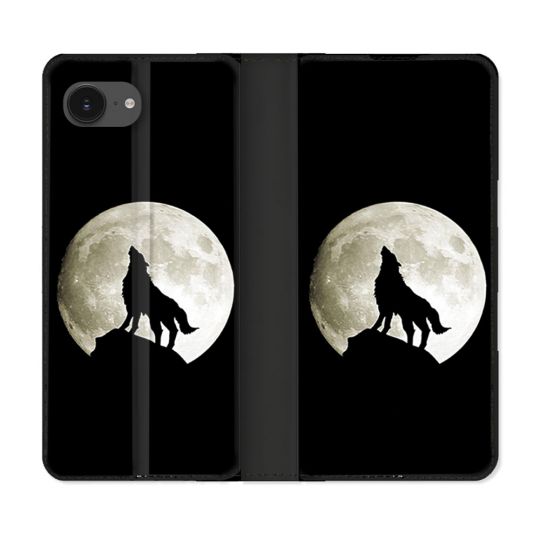 Housse Cuir Portefeuille Pour Iphone 16e Animal Loup Noir
