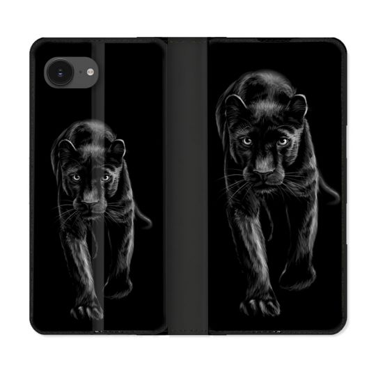 Housse Cuir Portefeuille Pour Iphone 16e Animal Panthère Noire