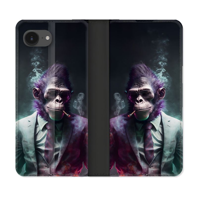 Housse Cuir Portefeuille Pour Iphone 16e Animal Singe Business