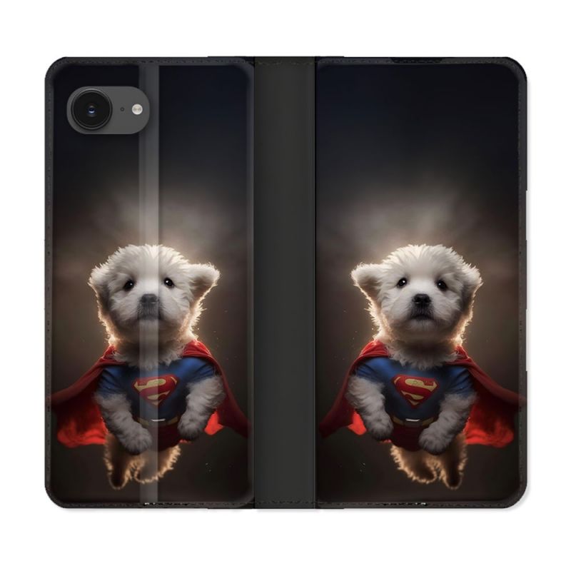 Housse Cuir Portefeuille Pour Iphone 16e Animal Super Chien
