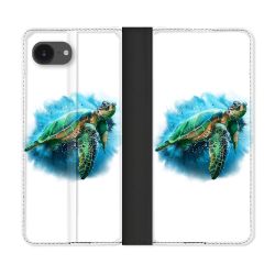 Housse Cuir Portefeuille Pour Iphone 16e Animal Tortue Blanche multicolore
