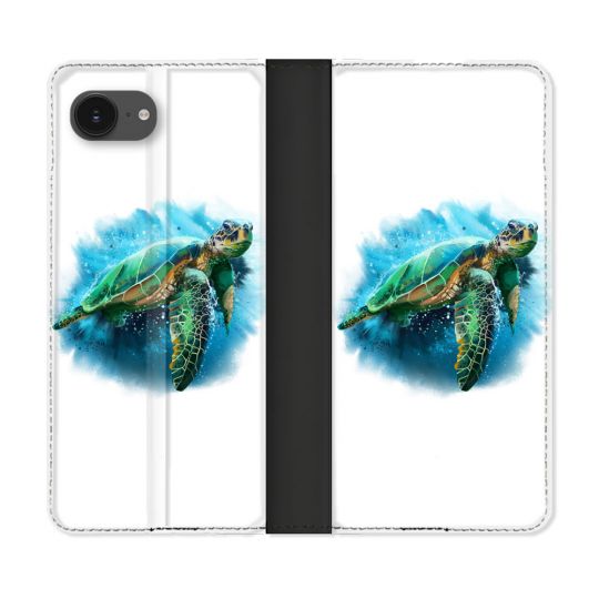 Housse Cuir Portefeuille Pour Iphone 16e Animal Tortue Blanche multicolore