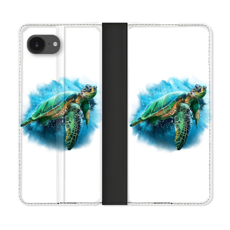 Housse Cuir Portefeuille Pour Iphone 16e Animal Tortue Blanche multicolore
