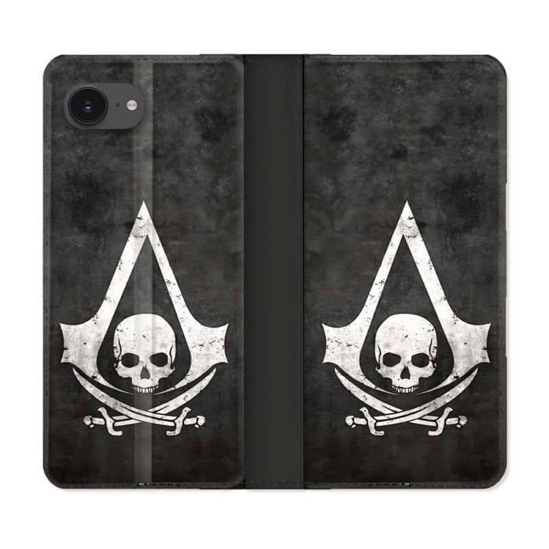 Housse Cuir Portefeuille Pour Iphone 16e Assassin Creed Tete Mort