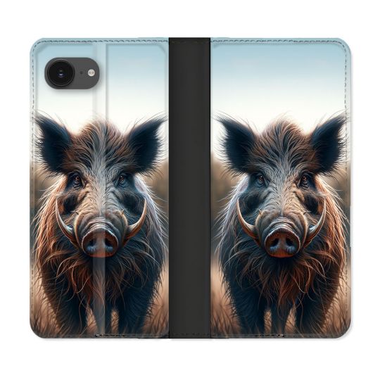 Housse Cuir Portefeuille Pour Iphone 16e Chasse Sanglier Attaque