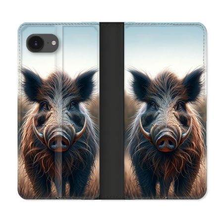 Housse Cuir Portefeuille Pour Iphone 16e Chasse Sanglier Attaque