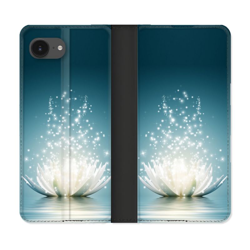 Housse Cuir Portefeuille Pour Iphone 16e Fleur Lotus Blanc