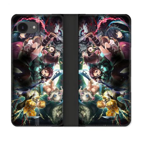 Housse Cuir Portefeuille Pour Iphone 16e Manga Demon Slayer Groupe