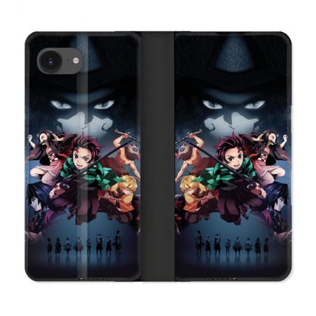 Housse Cuir Portefeuille Pour Iphone 16e Manga Demon Slayer Noir