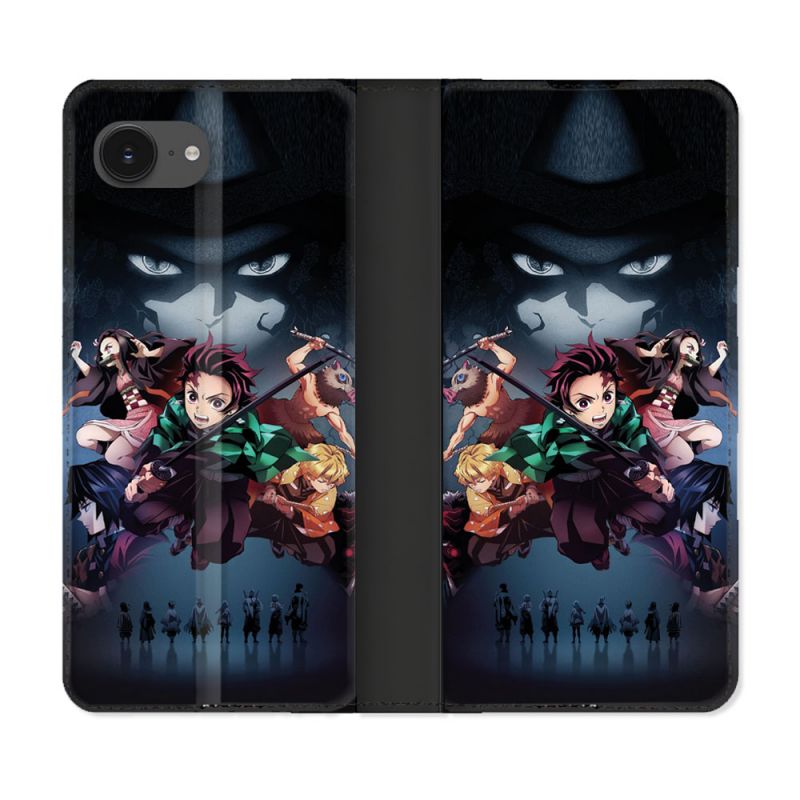 Housse Cuir Portefeuille Pour Iphone 16e Manga Demon Slayer Noir