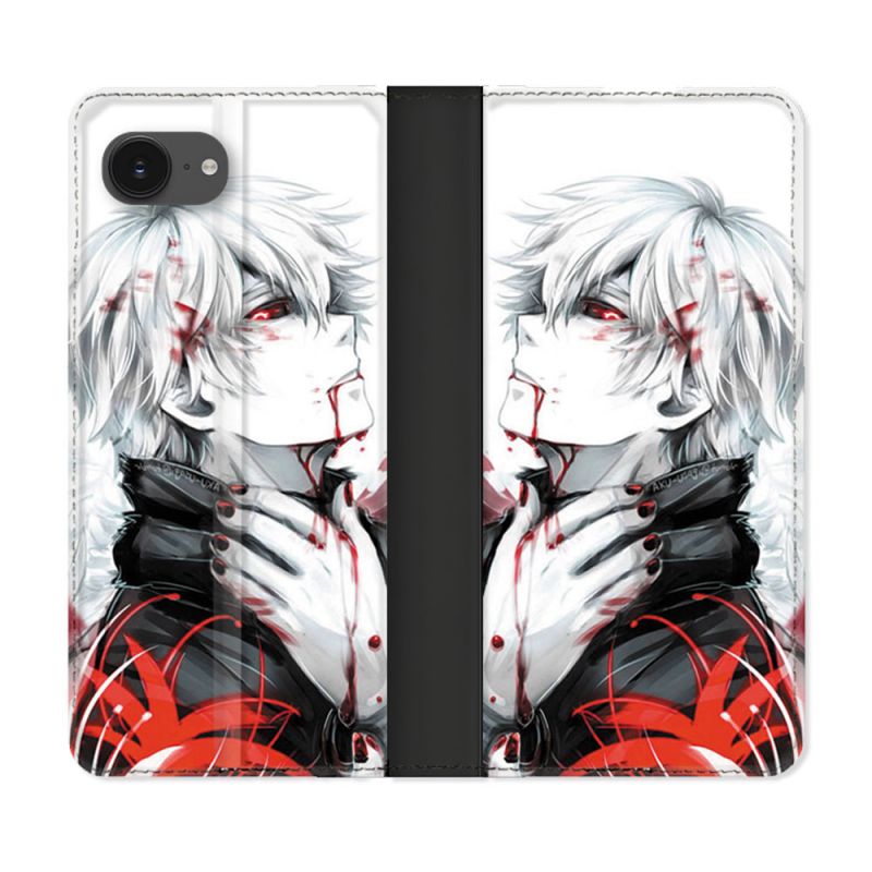 Housse Cuir Portefeuille Pour Iphone 16e Manga Tokyo Ghoul Kaneki Blanc