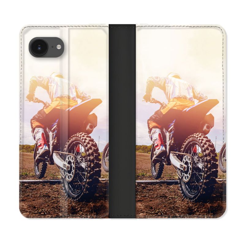 Housse Cuir Portefeuille Pour Iphone 16e Moto Cross Soleil