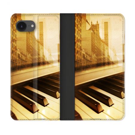 Housse Cuir Portefeuille Pour Iphone 16e Musique Piano Retro