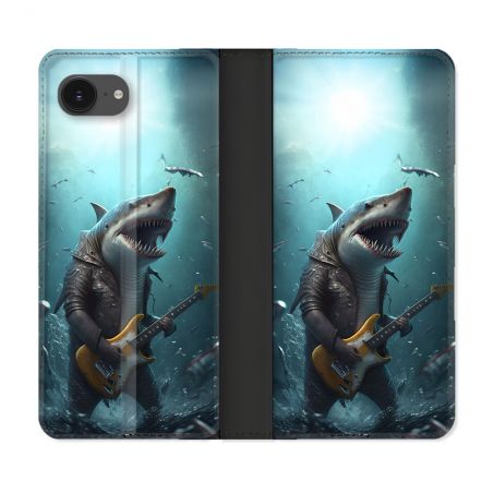 Housse Cuir Portefeuille Pour Iphone 16e Musique Rock Requin