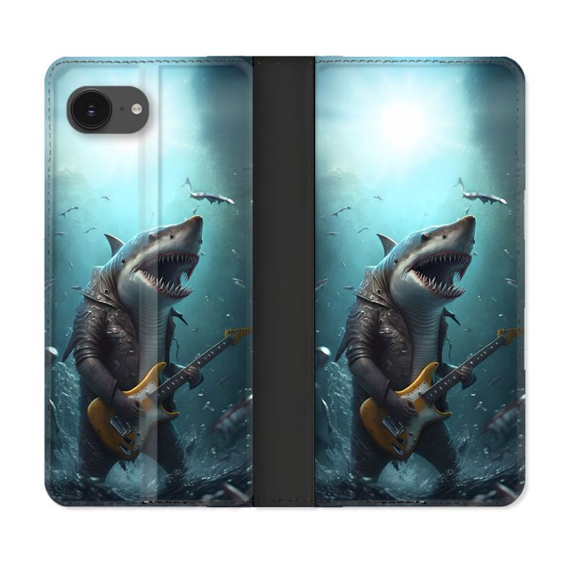 Housse Cuir Portefeuille Pour Iphone 16e Musique Rock Requin