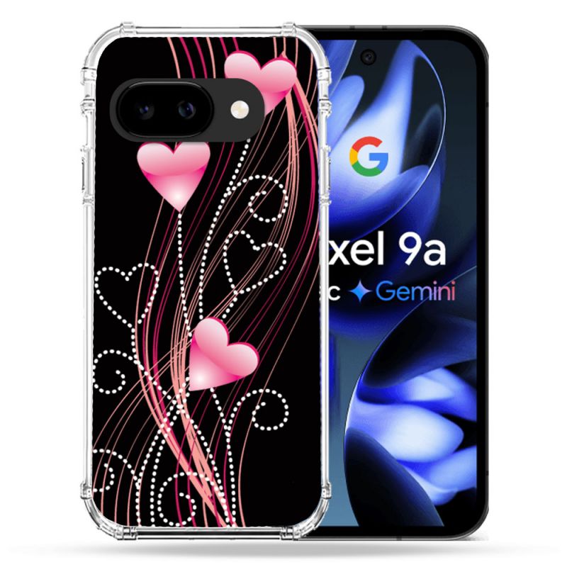 Coque Renforcée Pour Google Pixel 9A Amour Coeur Rose Montant sur Noir