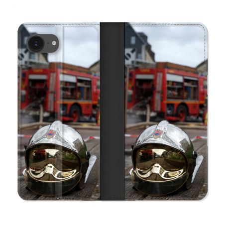 Housse Cuir Portefeuille Pour Iphone 16e Pompier Casque Camion