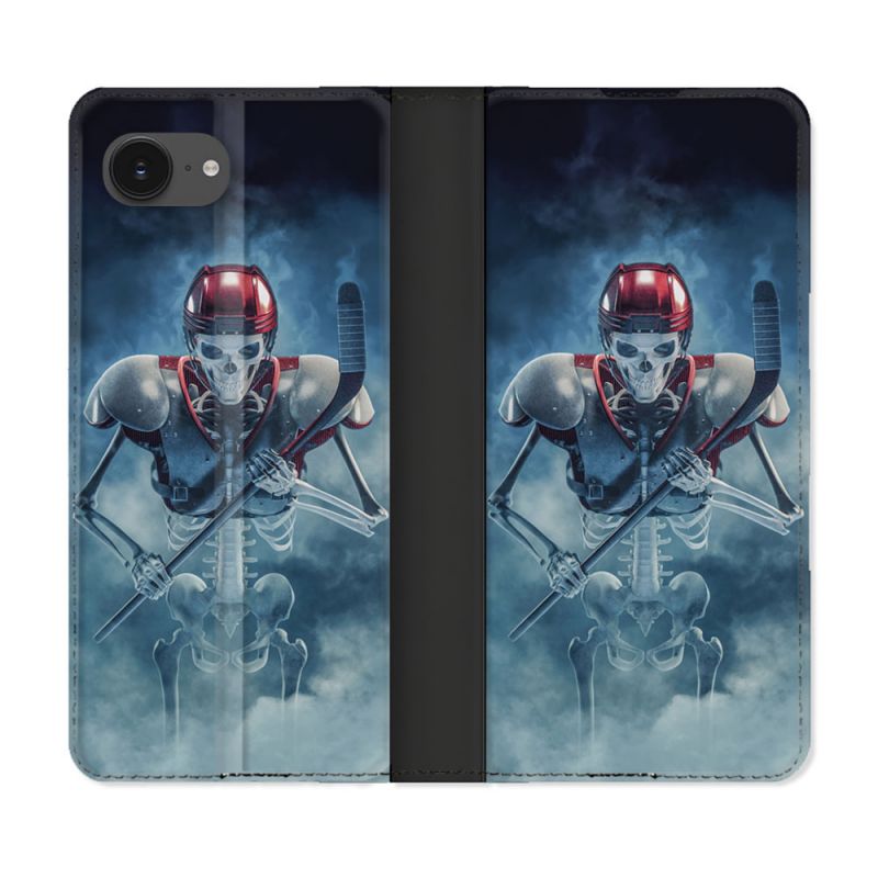 Housse Cuir Portefeuille Pour Iphone 16e Sport Hockey Squelette