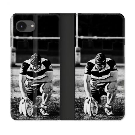 Housse Cuir Portefeuille Pour Iphone 16e Sport Rugby Noir Blanc