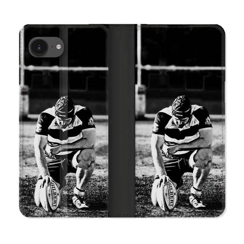 Housse Cuir Portefeuille Pour Iphone 16e Sport Rugby Noir Blanc