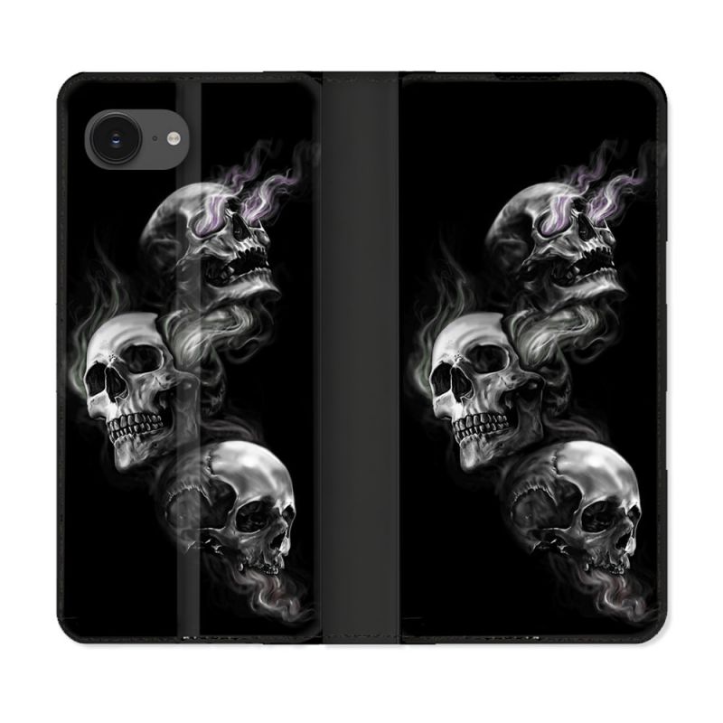 Housse Cuir Portefeuille Pour Iphone 16e Tete de Mort Triple