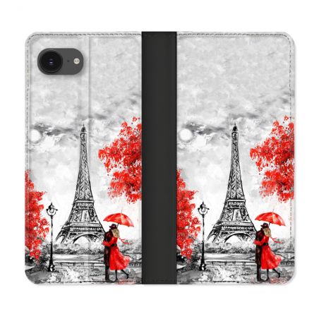 Housse Cuir Portefeuille Pour Iphone 16e Voyage France Paris Rouge