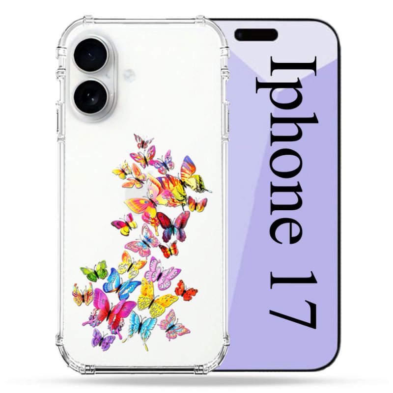 Coque Renforcée Transparente Pour Iphone 17 Papillon Multicolore